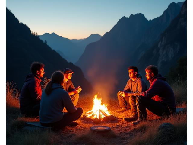 Adventurers around a campfire enjoying nature